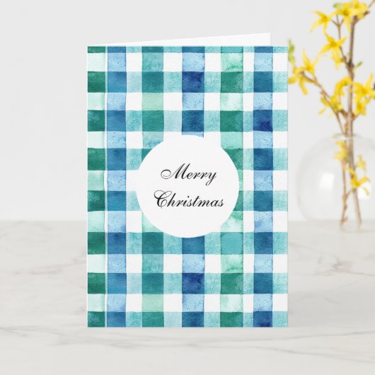 Groen Wit Blauw Plaid Stripes Kerstmis Kaart (Gele Bloem)