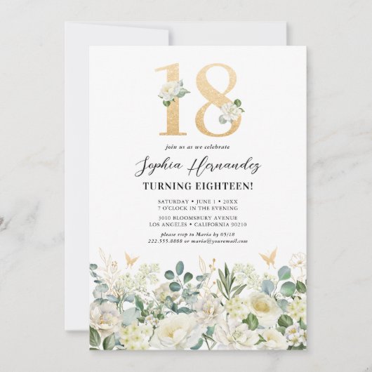 Groen & Wit Bloemen 18e Verjaardagsfeest Kaart (Voorkant)