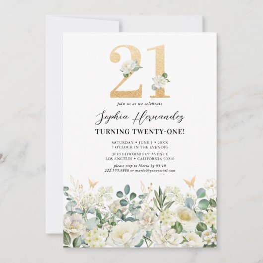 Groen & Wit Bloemen 21ste Verjaardagsfeest Kaart (Voorkant)