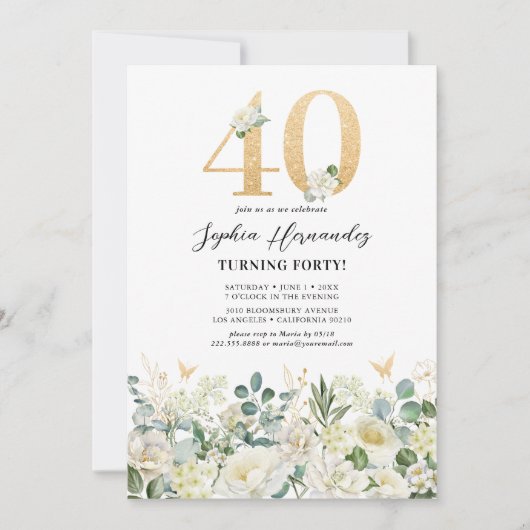 Groen & Wit Bloemen 40ste Verjaardagsfeest Kaart (Voorkant)