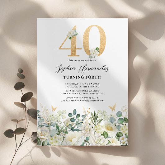 Groen & Wit Bloemen 40ste Verjaardagsfeest Kaart