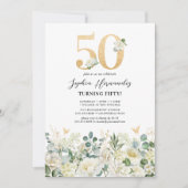 Groen & Wit Bloemen 50ste Verjaardagsfeest Kaart (Voorkant)