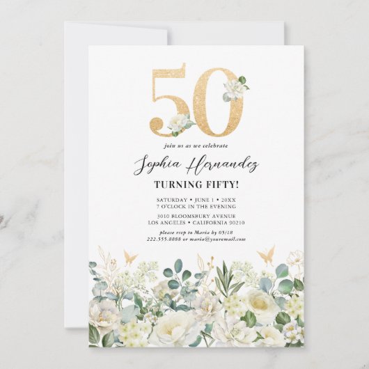 Groen & Wit Bloemen 50ste Verjaardagsfeest Kaart (Voorkant)