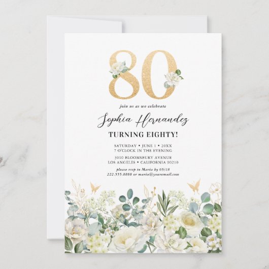 Groen & Wit Bloemen 80ste Verjaardagsfeest Kaart (Voorkant)