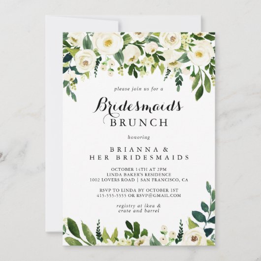 Groen Wit Bloemen Bruidsmeisjes Brunch Douche Kaart (Voorkant)
