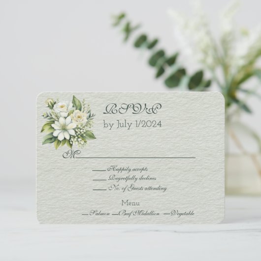 Groen Wit Bloemen Bruiloft Boeket RSVP Kaartje (Staand voorkant)