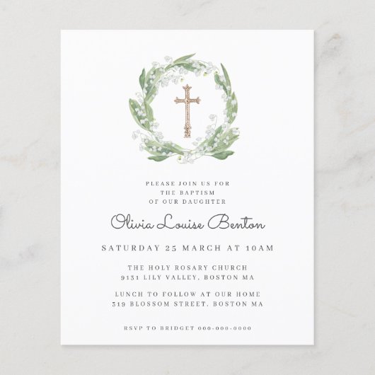 Groen Wit Bloemen Doop Budget Uitnodiging (Voorkant)