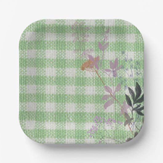 Groen Wit Bloemen Gingham Plaid Land Boerderij Papieren Bordje (Voorkant)