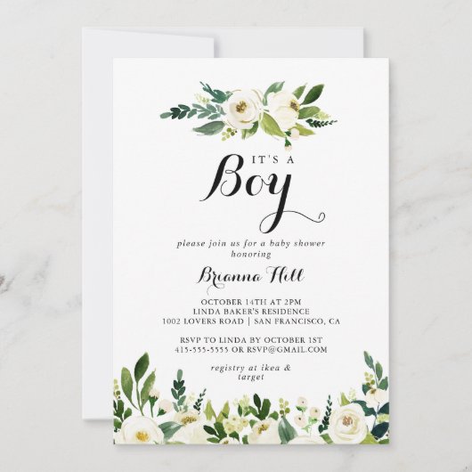 Groen Wit Bloemen Het is een jongen Baby shower Kaart (Voorkant)