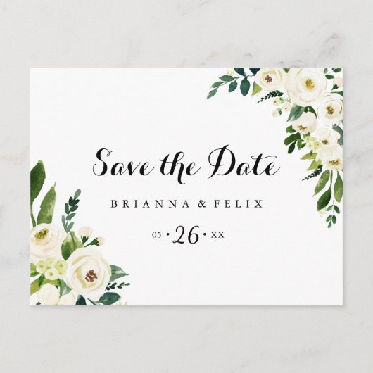 Groen Wit Bloemen Horizontaal Save the Date Briefkaart (Voorkant)