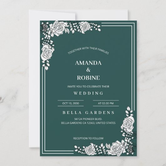 Groen & Wit Bloemen Huwelijksuitnodiging Kaart (Voorkant)