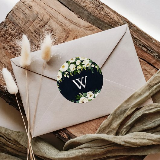 Groen Wit Bloemen Koninklijk Blauw Monogram Bruilo Ronde Sticker