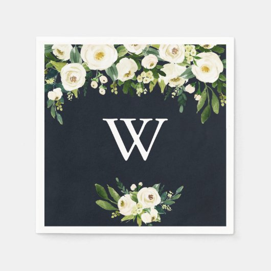 Groen Wit Bloemen Koninklijk Blauw Monogram Bruilo Servet (Voorkant)