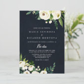 Groen Wit Bloemen Koninklijk Blauw Spaans Bruiloft Kaart (Staand voorkant)