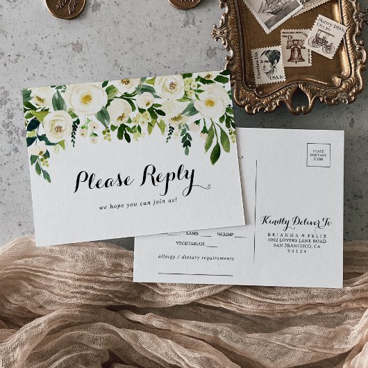 Groen Wit Bloemen Menu Keuze RSVP Briefkaart