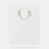 Groen Wit Bloemen Monogram Crest Bruiloft Welkom Acryl Bord (Voorkant)