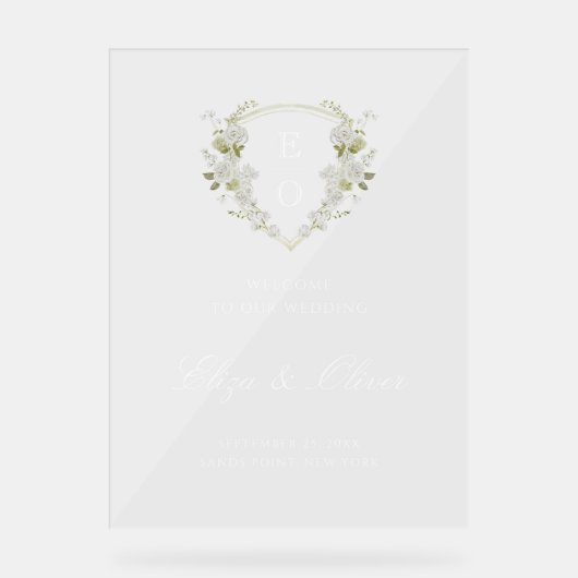 Groen Wit Bloemen Monogram Crest Bruiloft Welkom Acryl Bord (Voorkant)