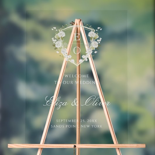 Groen Wit Bloemen Monogram Crest Bruiloft Welkom Acryl Bord (Neutraal)