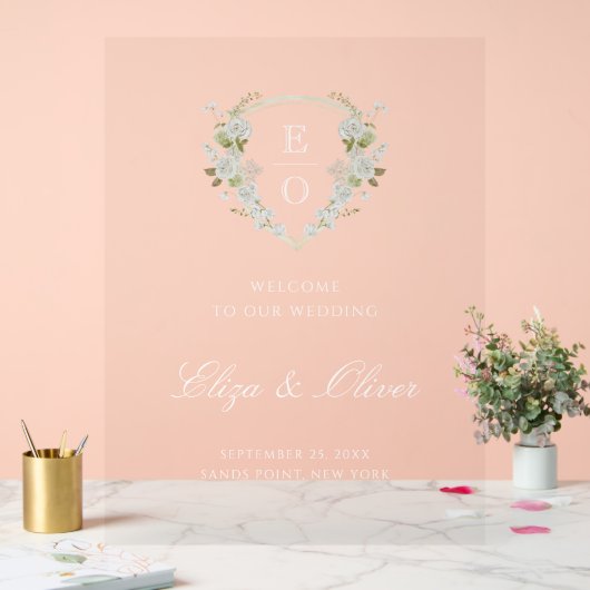 Groen Wit Bloemen Monogram Crest Bruiloft Welkom Acryl Bord (Huwelijk)