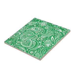 Groen & Wit  Bloemen Paisley Patroon Tegeltje