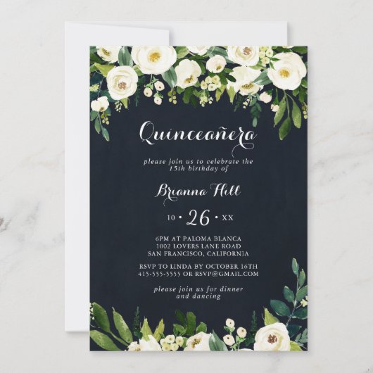 Groen Wit Bloemen Royal Blue Quinceañera Kaart (Voorkant)