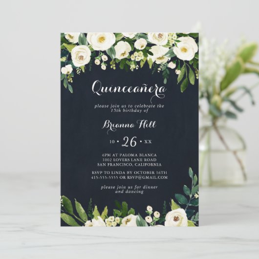 Groen Wit Bloemen Royal Blue Quinceañera Kaart (Staand voorkant)