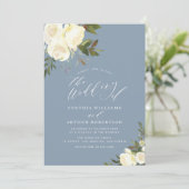 Groen Wit Bloemen Stoffig Blauw Trouwen Kaart (Staand voorkant)