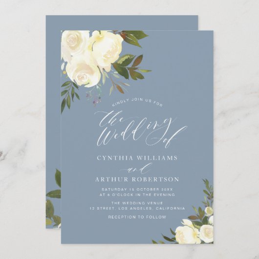 Groen Wit Bloemen Stoffig Blauw Trouwen Kaart (Voorkant / Achterkant)