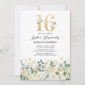 Groen & Wit Bloemen Sweet Sixteen Verjaardagsfeest Kaart (Voorkant)