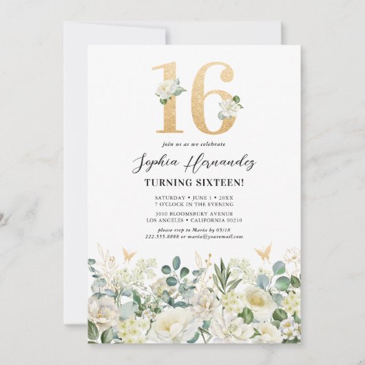 Groen & Wit Bloemen Sweet Sixteen Verjaardagsfeest Kaart (Voorkant)