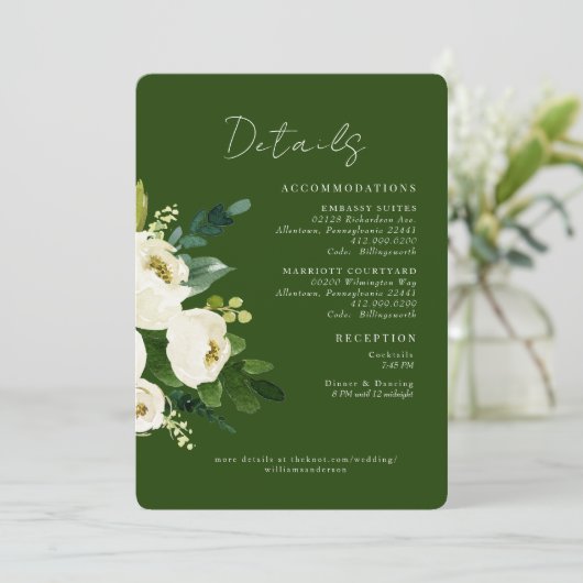 Groen wit bloemenbruiloft details afgerond kaart (Staand voorkant)