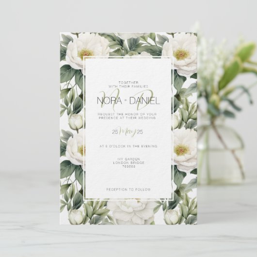 groen wit bloemenbruiloft uitnodiging (Staand voorkant)