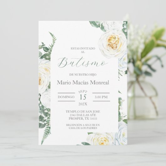 groen wit bloemendoop spaanse uitnodiging (Staand voorkant)