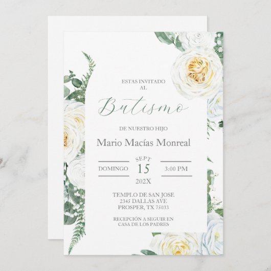 groen wit bloemendoop spaanse uitnodiging (Voorkant / Achterkant)