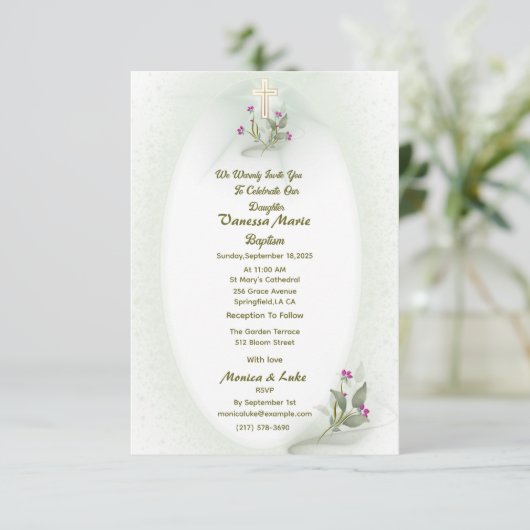 Groen & Wit bloemendoop uitnodiging platte kaart (Staand voorkant)