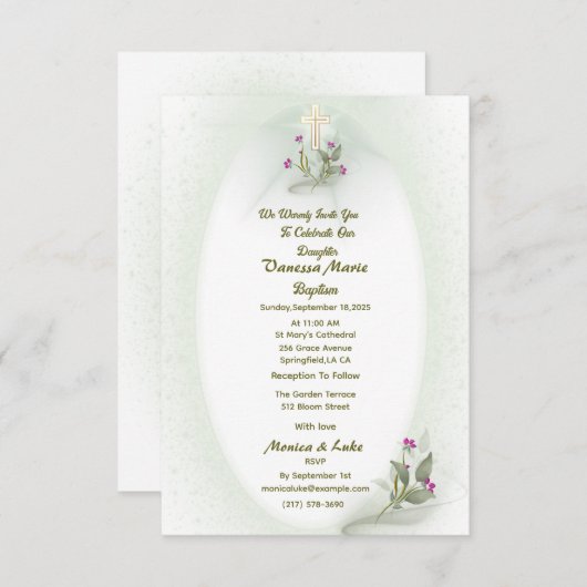 Groen & Wit bloemendoop uitnodiging platte kaart (Voorkant / Achterkant)