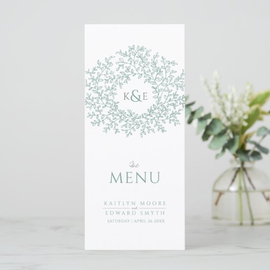 Groen wit botanisch blad tekening monogram bruilof menu (Staand voorkant)