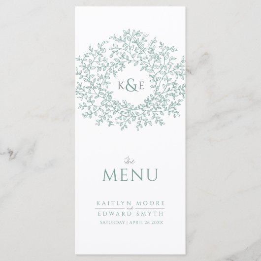 Groen wit botanisch blad tekening monogram bruilof menu (Voorkant)