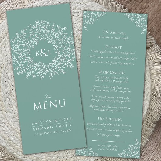 Groen wit botanisch blad tekening monogram bruilof menu