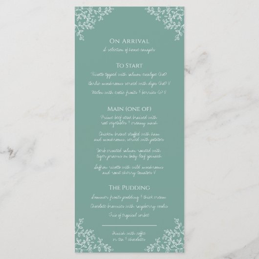 Groen wit botanisch blad tekening monogram bruilof menu (Achterkant)