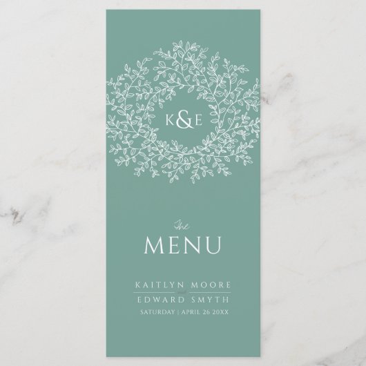 Groen wit botanisch blad tekening monogram bruilof menu (Voorkant)