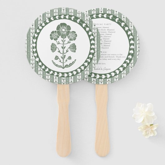 Groen & Wit Botanisch Blokdruk Huwelijk Handwaaier (Voorkant en achterkant)