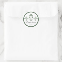 Groen & Wit Botanisch Blokdruk Huwelijk Ronde Sticker