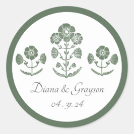 Groen & Wit Botanisch Blokdruk Huwelijk Ronde Sticker