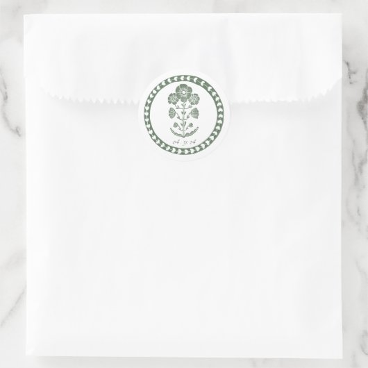 Groen & Wit Botanisch Blokdruk Huwelijk Ronde Sticker (Tas)