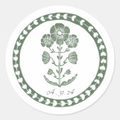 Groen & Wit Botanisch Blokdruk Huwelijk Ronde Sticker (Voorkant)