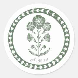 Groen & Wit Botanisch Blokdruk Huwelijk Ronde Sticker