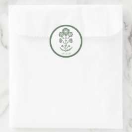 Groen & Wit Botanisch Blokdruk Huwelijk Ronde Sticker
