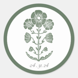 Groen & Wit Botanisch Blokdruk Huwelijk Ronde Sticker