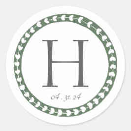 Groen & Wit Botanisch Blokdruk Huwelijk Ronde Sticker
